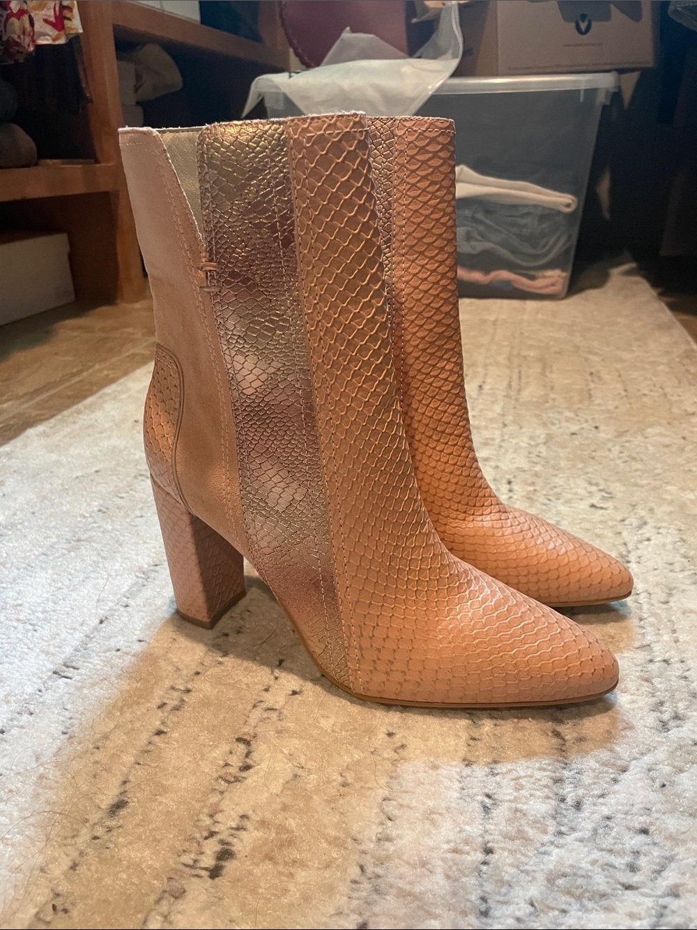 Matisse Pale Pink Snakeskin-Textured Block Heel Ankle Boots